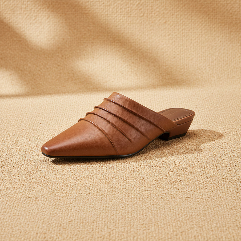 Handmade Sheepskin Ruched Mule Slides – Square Toe Low Heel