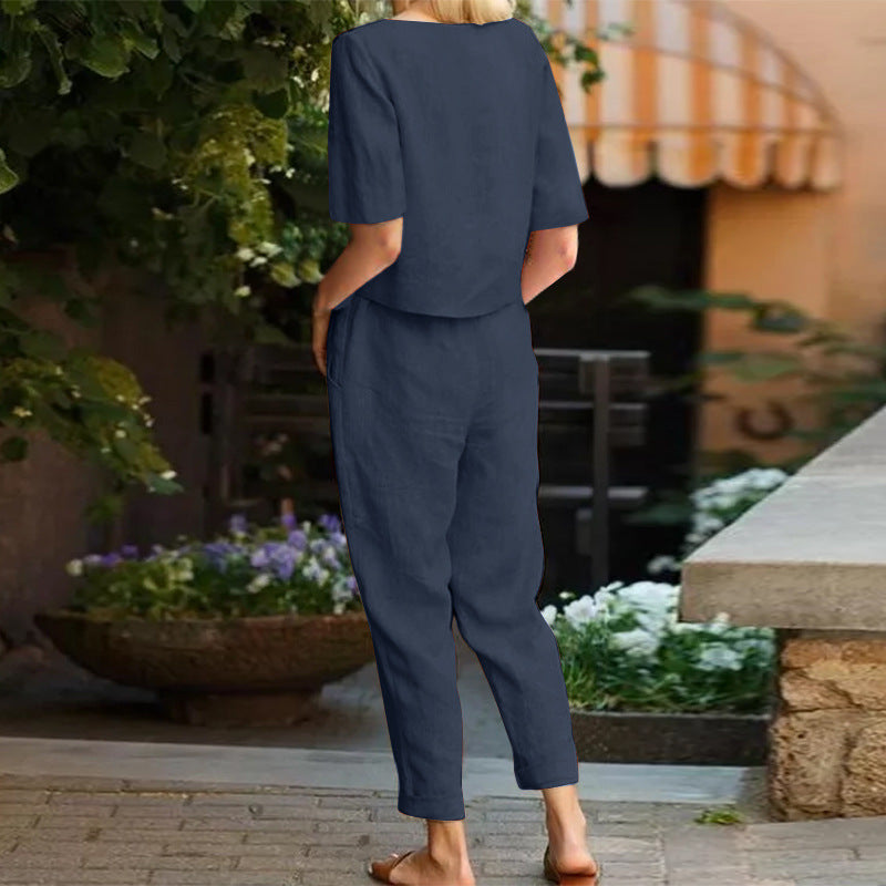 Wide-Leg Pants Two-Piece Set – Solid Color Casual Lounge Suit