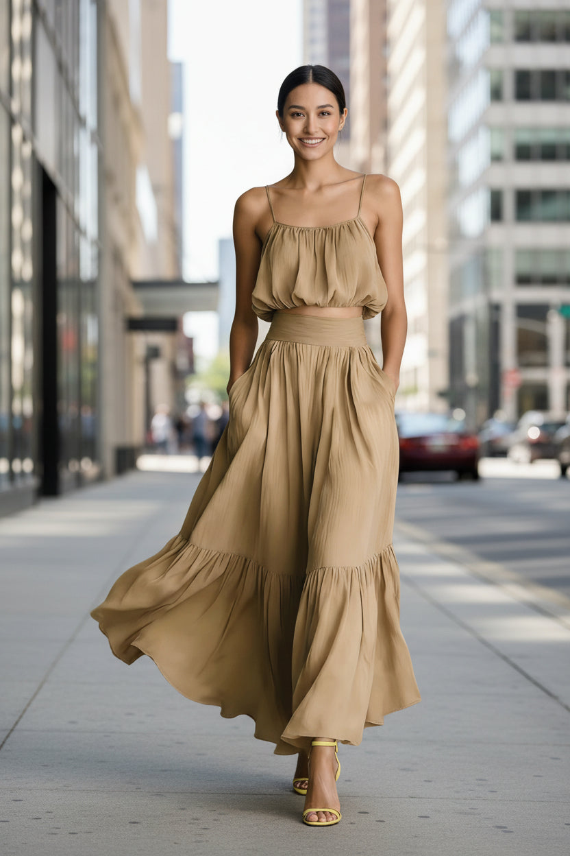 Women’s Two-Piece Flared Skirt Set – High-Waist Elegant Outfit