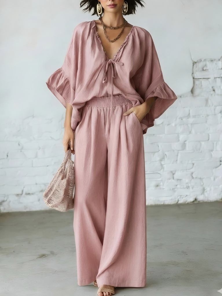 Women's Loose-Fit V-Neck Top & Wide-Leg Pants Two-Piece Set