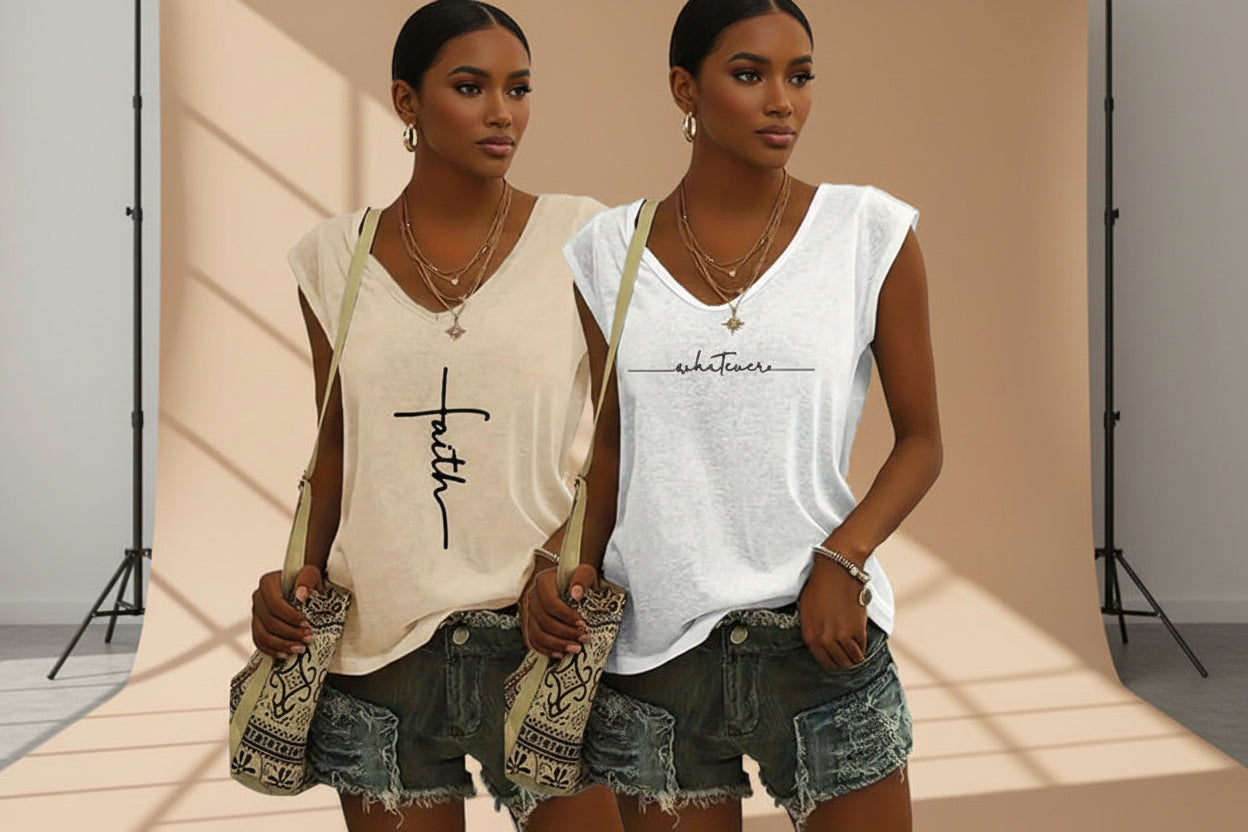 2-Pack Women's V-Neck Sleeveless Tank Tops – Loose Fit Casual Summer Beach Shirts
