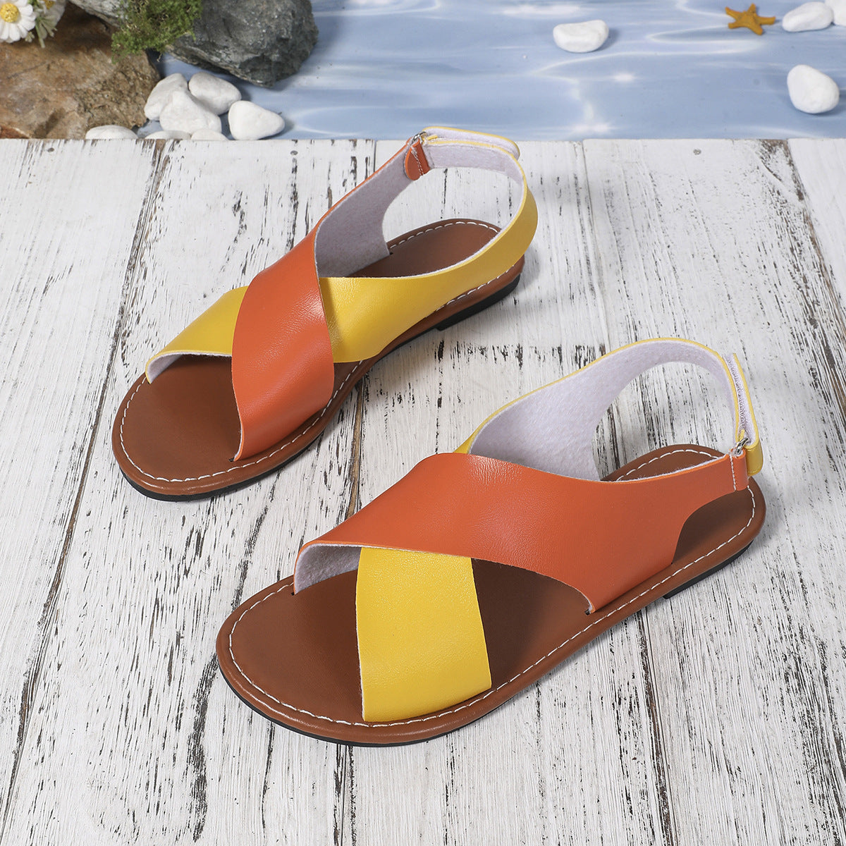 Women's Color-Block Cross-Strap Flat Sandals