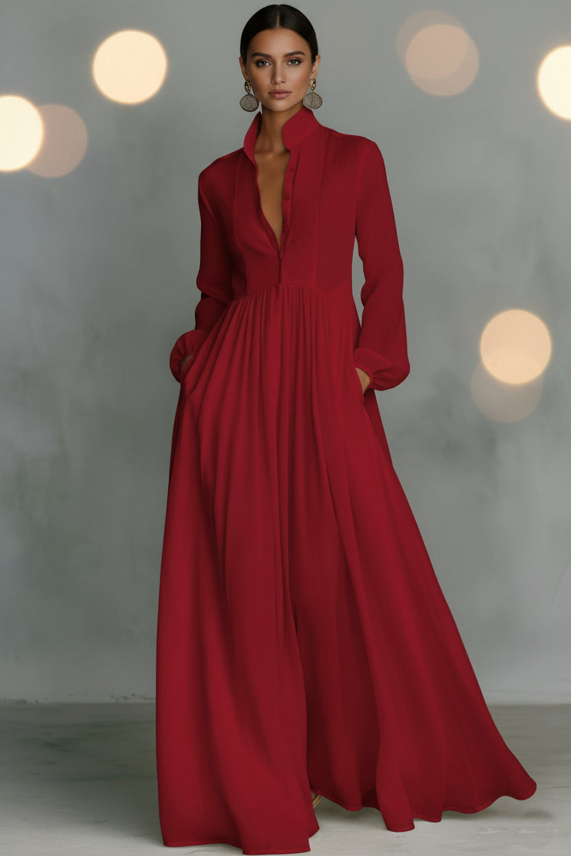 Women's French Style Long Sleeve Pleated A-Line Maxi Dress