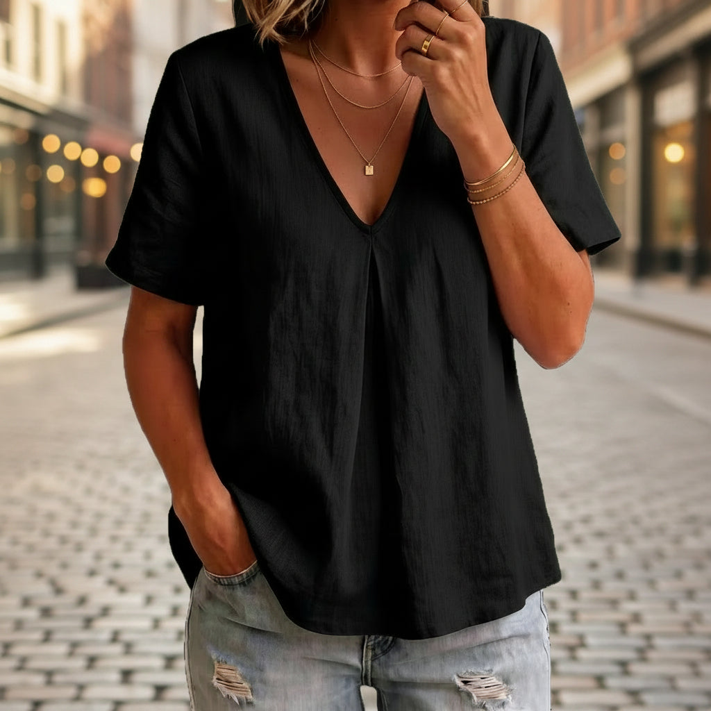Women's Pleated Cotton-Linen Short-Sleeve Shirt – 5 Colors S–XXL