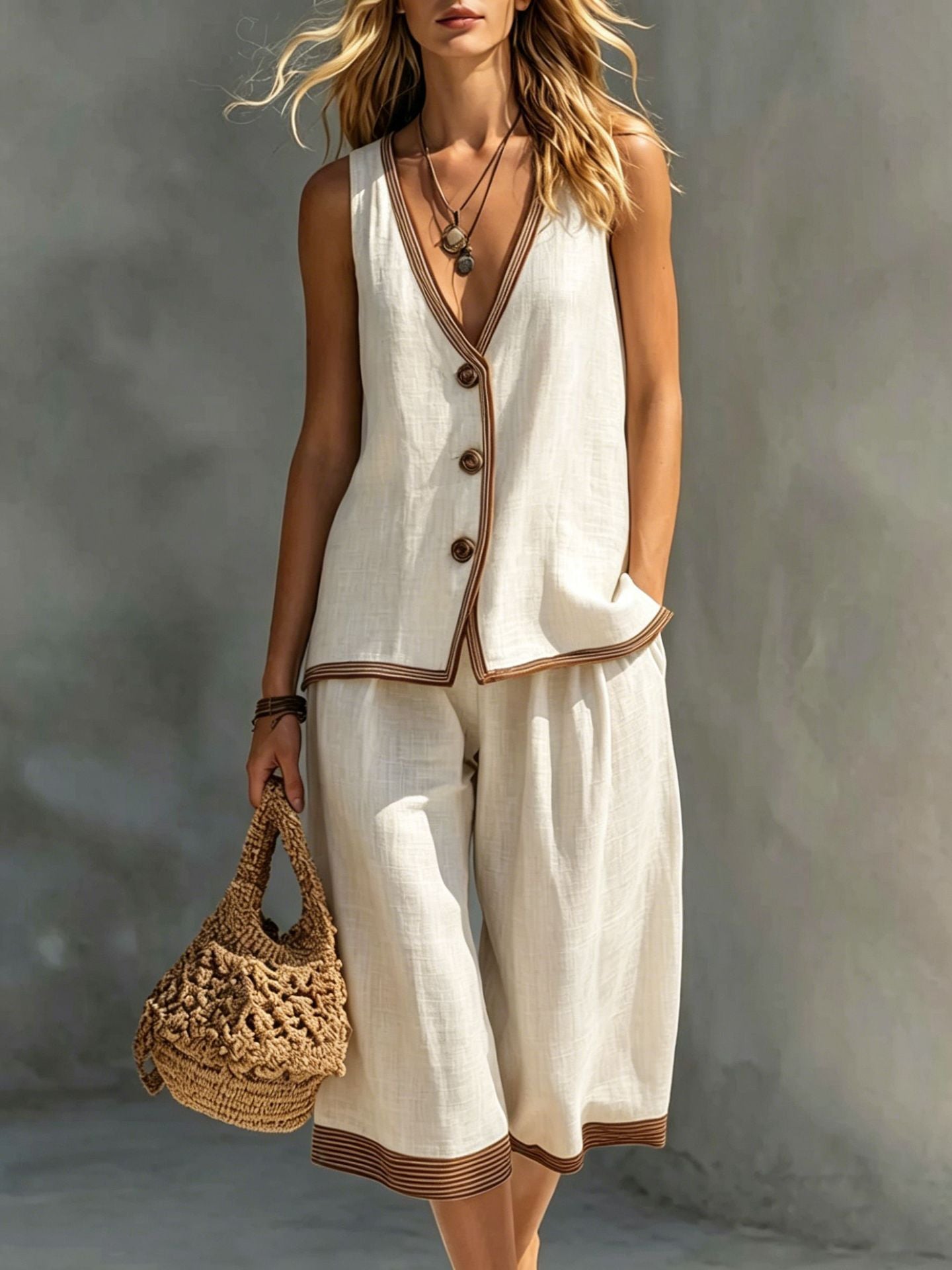Women's Sleeveless Buttoned Vest & Shorts Two-Piece Set