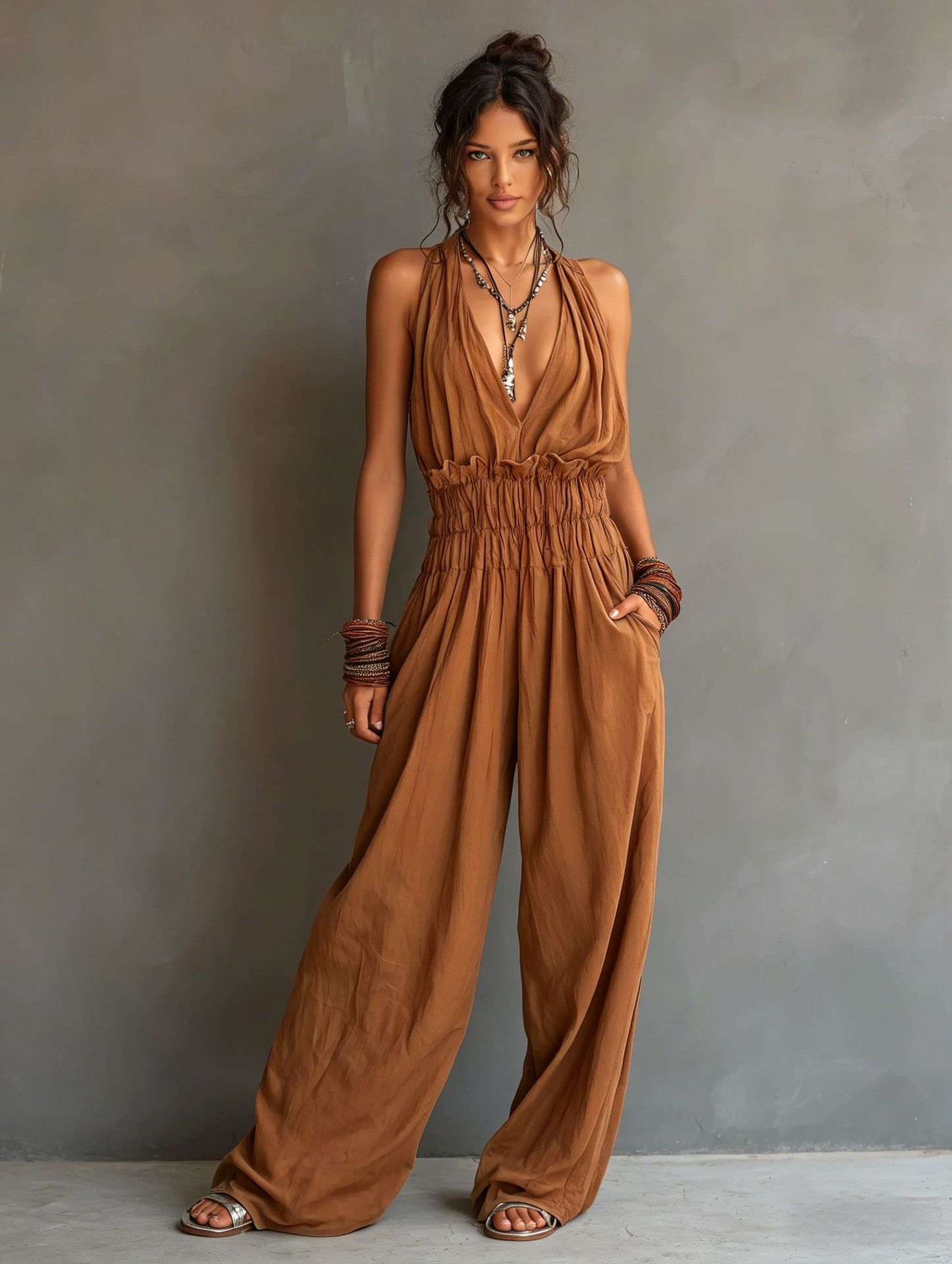 Women's V-Neck Halter Jumpsuit – Sleeveless Open Back Waist-Cinching