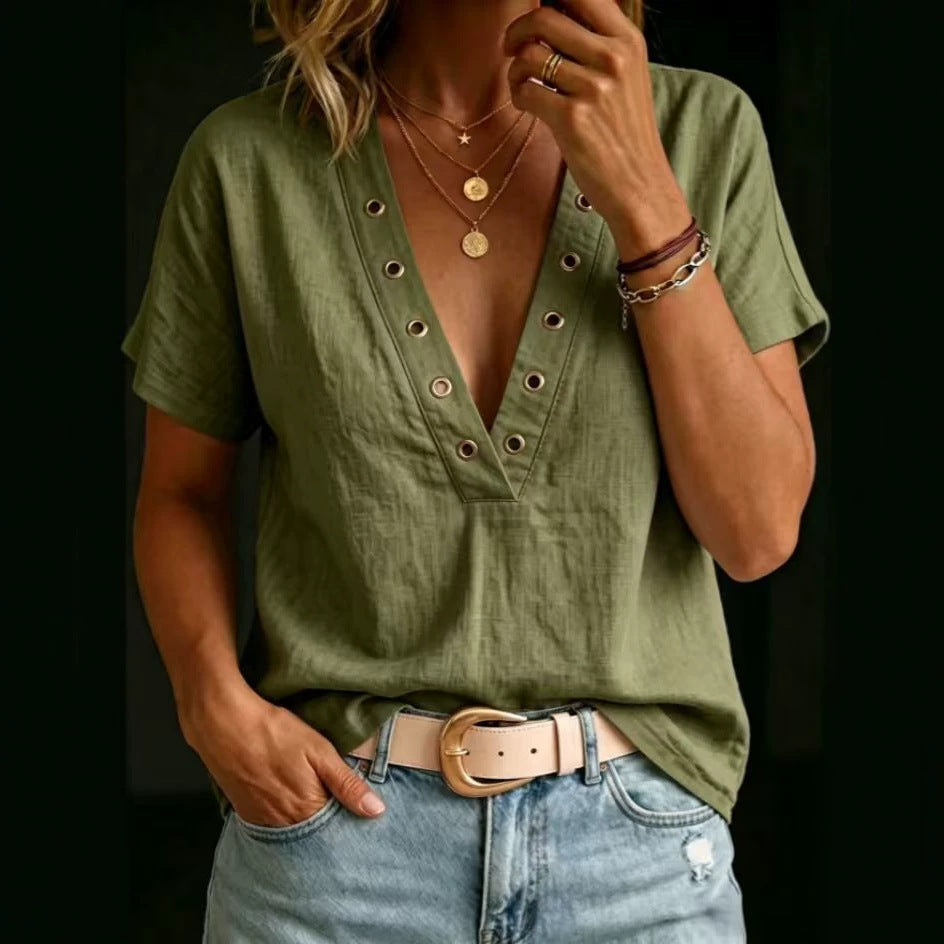 Women's V-Neck Short-Sleeve Loose-Fit Linen Shirt
