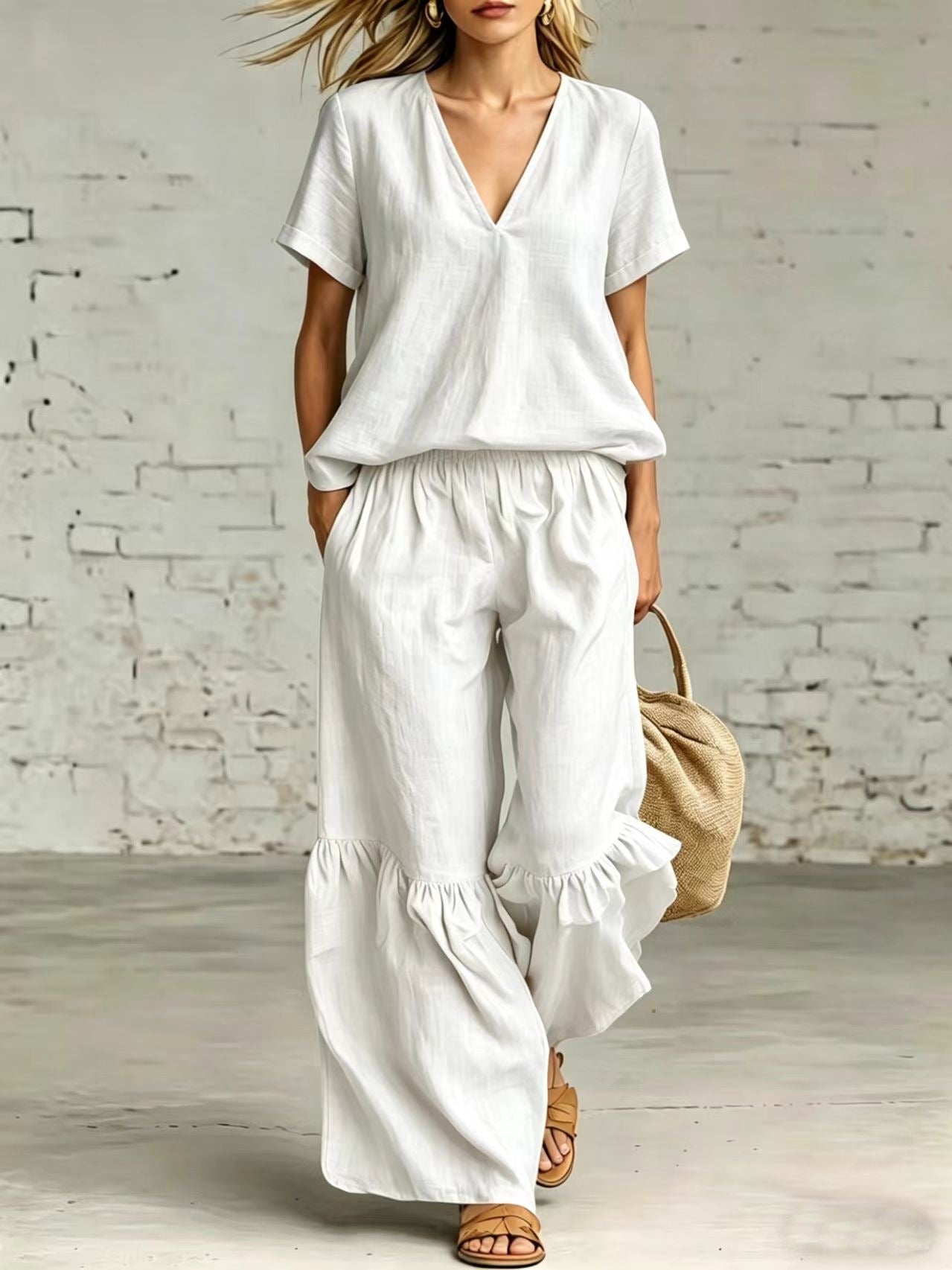 V-Neck Loose Short-Sleeve Top & Pants Set – 7 Colors, S–5XL
