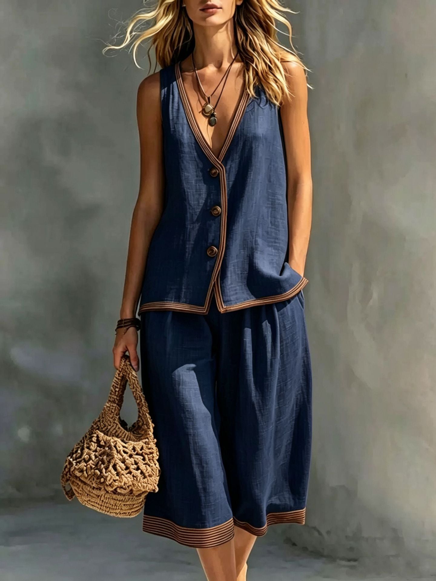 Women's Sleeveless Buttoned Vest & Shorts Two-Piece Set