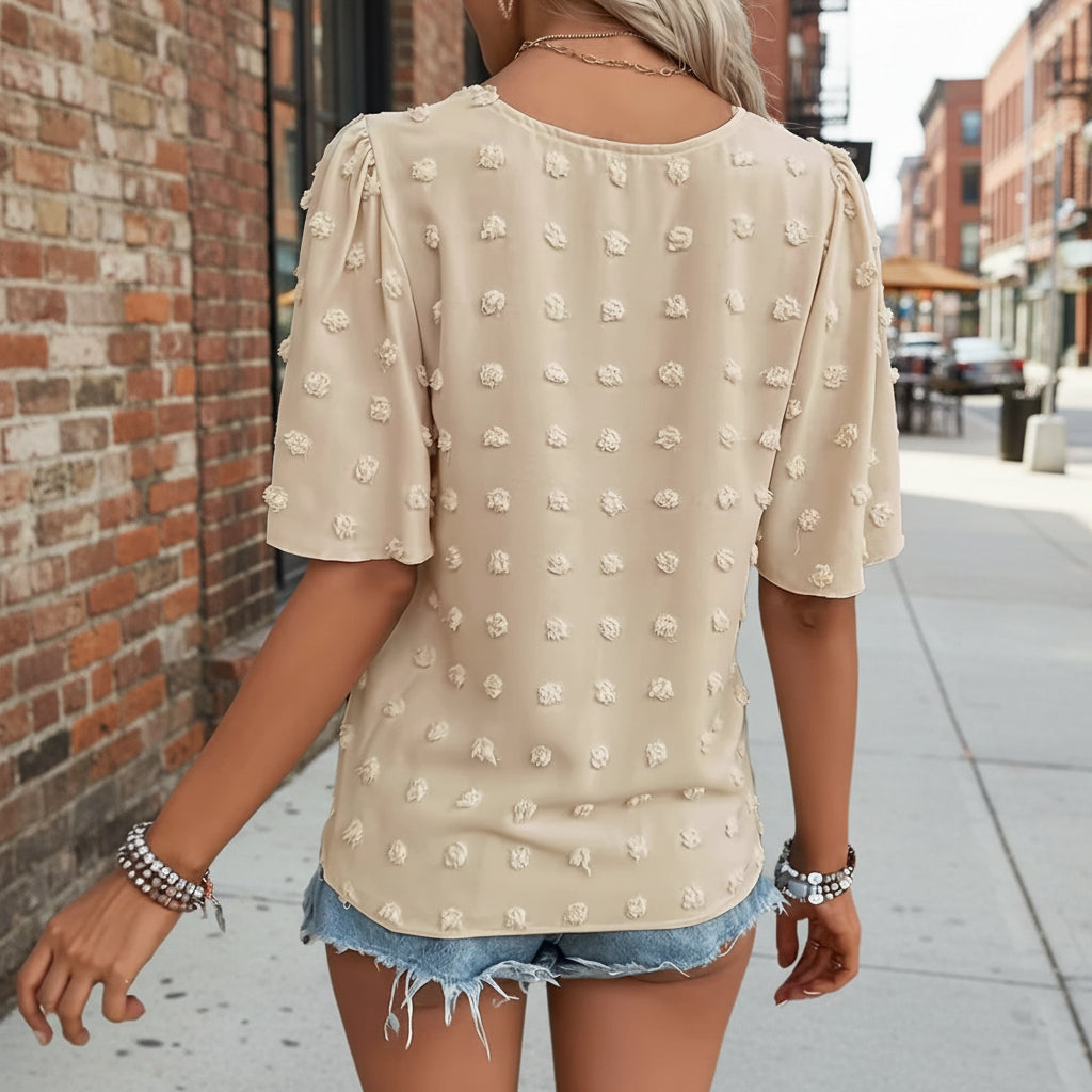 Women's V-Neck Lace-Trim Swiss Dot Short-Sleeve Top – Casual Loose Fit
