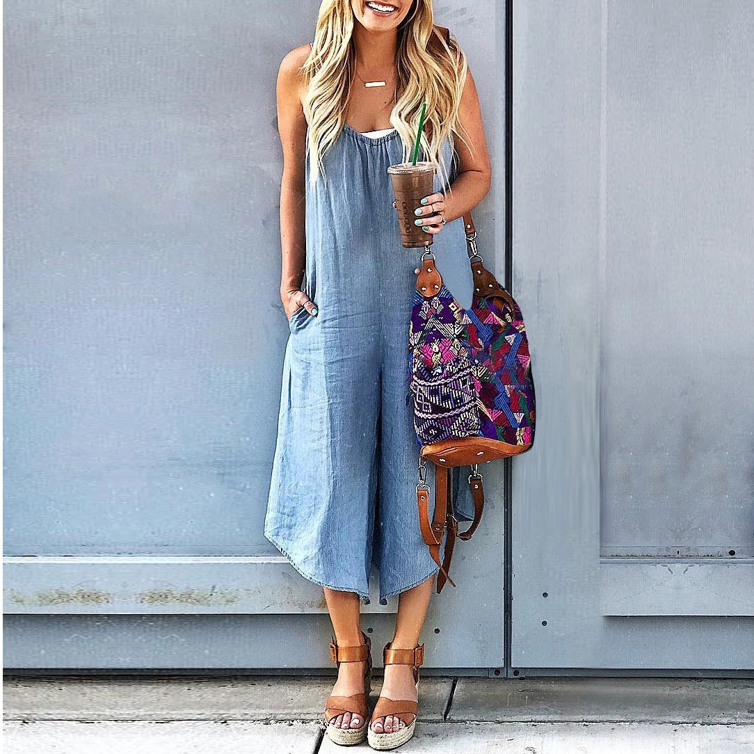 Women’s Crew Neck Sleeveless Wide-Leg Denim Jumpsuit