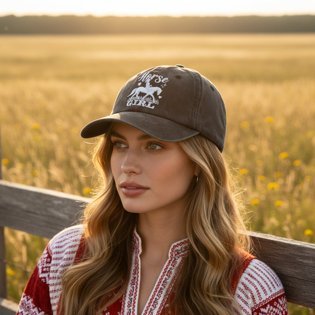 Horse Girl Embroidered Vintage Washed Baseball Cap – Adjustable Equestrian Hat