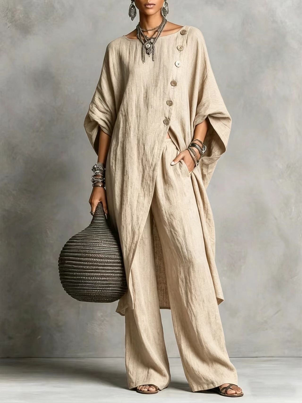 Women's Drop Shoulder Three-Quarter Sleeve Irregular Shirt & Pants Set