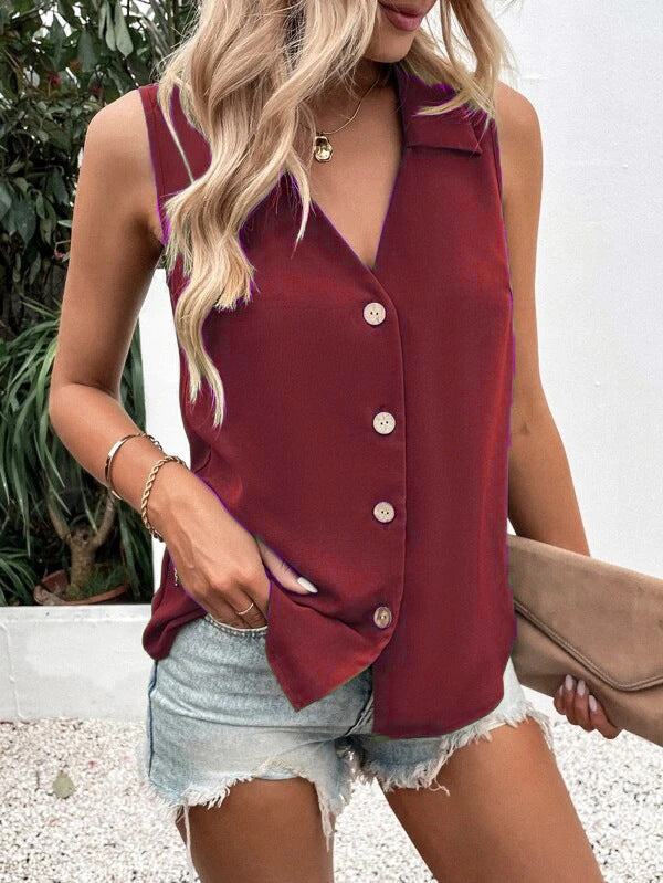 Women's Solid-Color Sleeveless Loose Vest Top – Button Detail