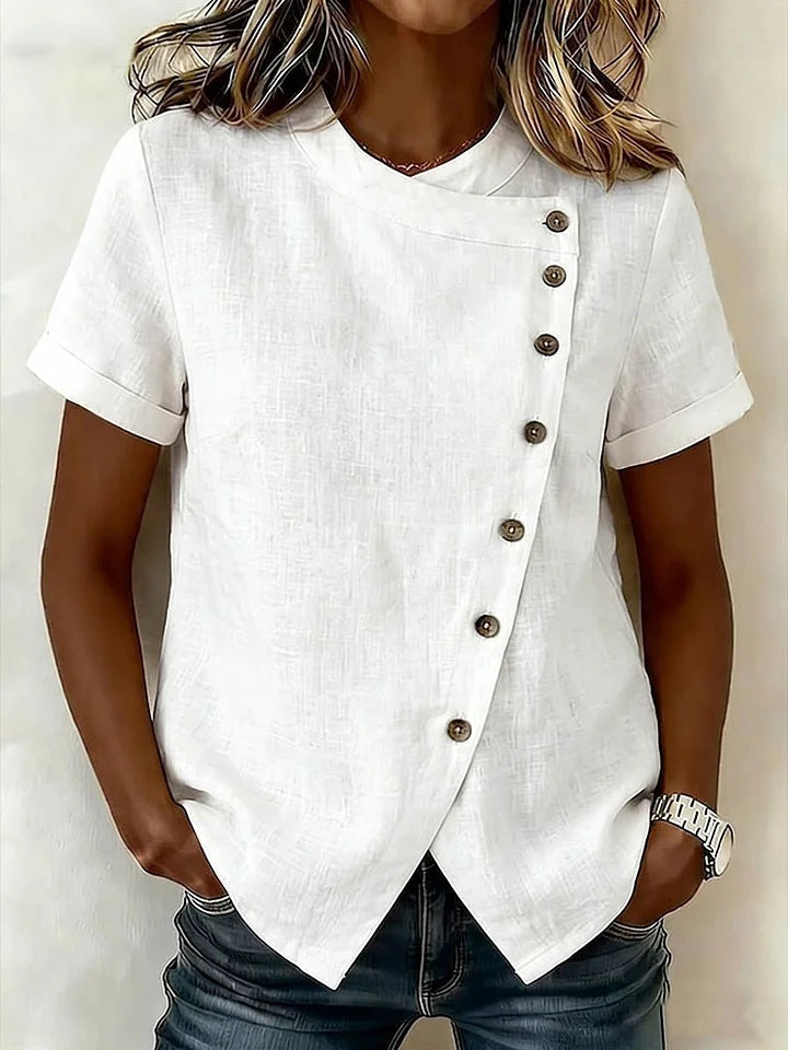 Women's Cross-Neckline Asymmetrical Hem Cotton Linen Top – Loose Fit