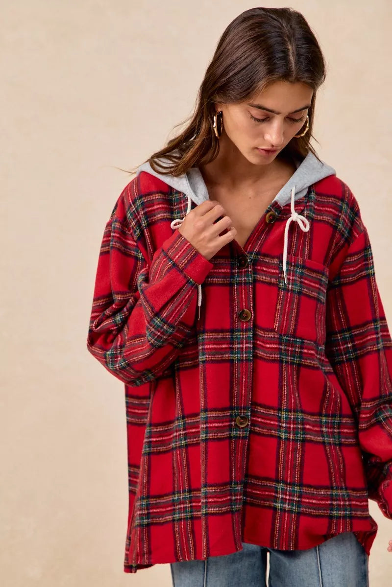 BiBi Brushed Plaid Hooded Jacket
