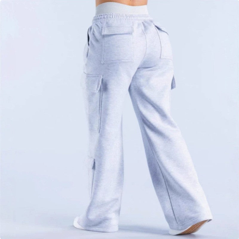 Women's Loose-Fit Casual Pants with Pockets – Solid Color Two-Tone Label