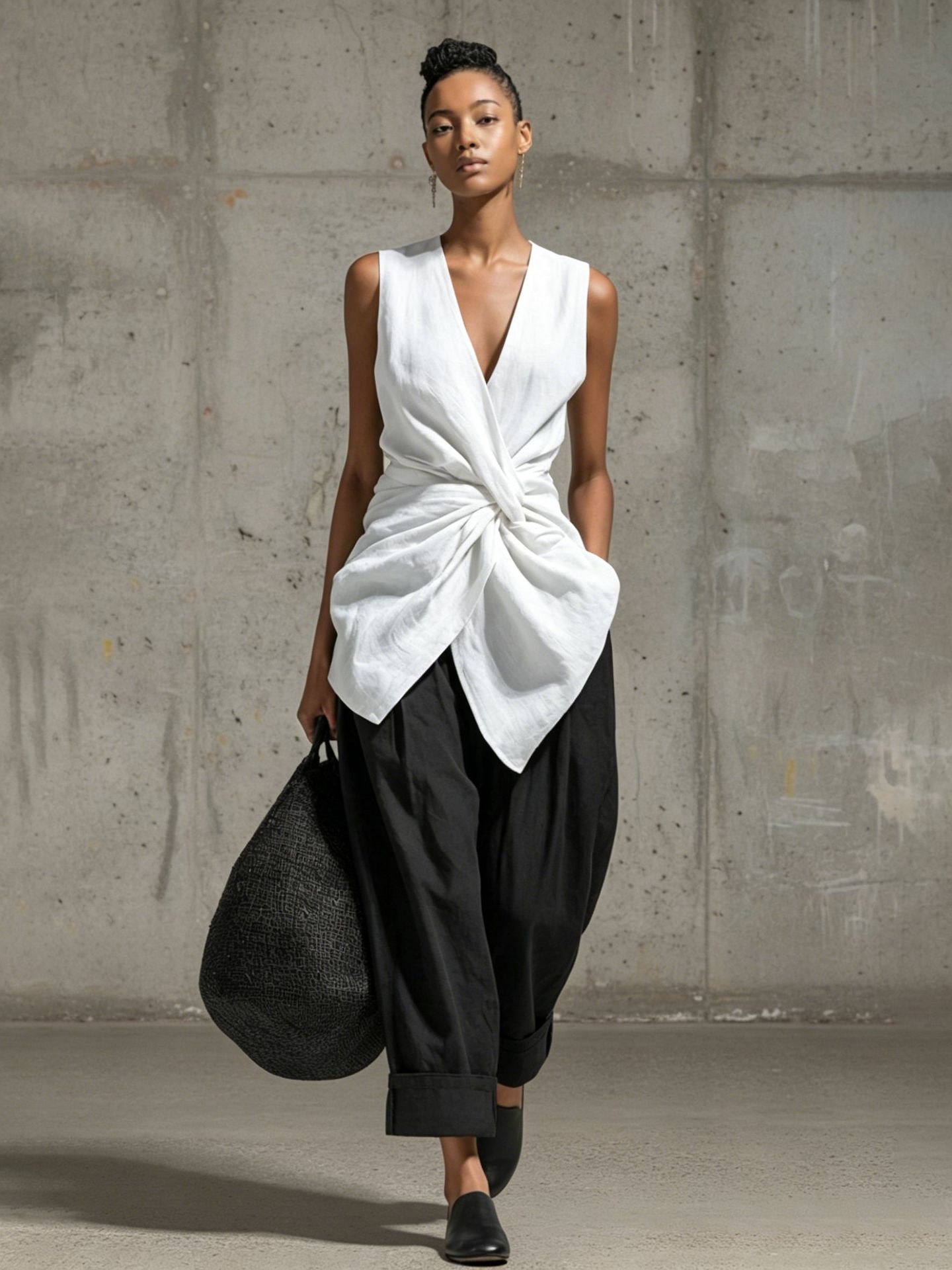 Women's Tie-Front V-Neck Sleeveless Top & Wide-Leg Pants Set