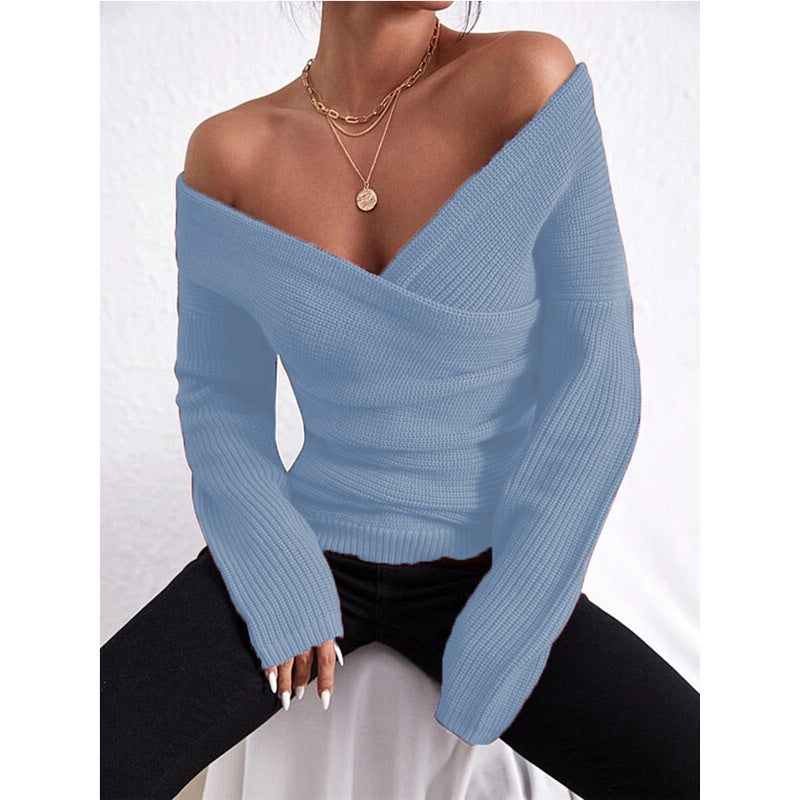 Women's Off-Shoulder Crossover Knit Sweater – Slim Fit Long Sleeve