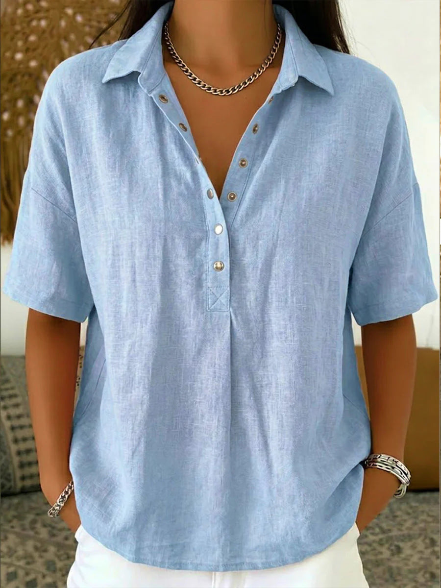 Short Sleeve Button Pullover Shirt – Solid Color Women’s Top