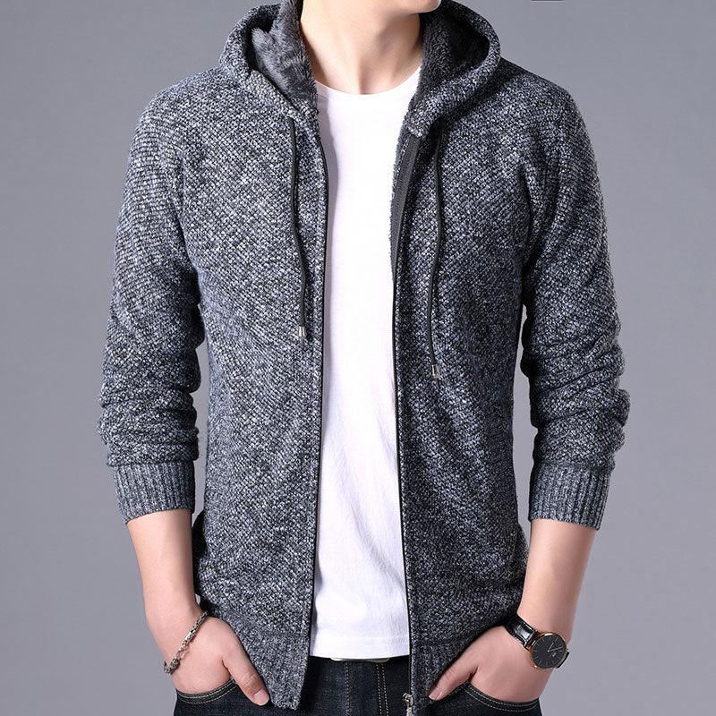 Men's Autumn Winter Fleece Hooded Jacket Slim Fit Casual Warm Coat