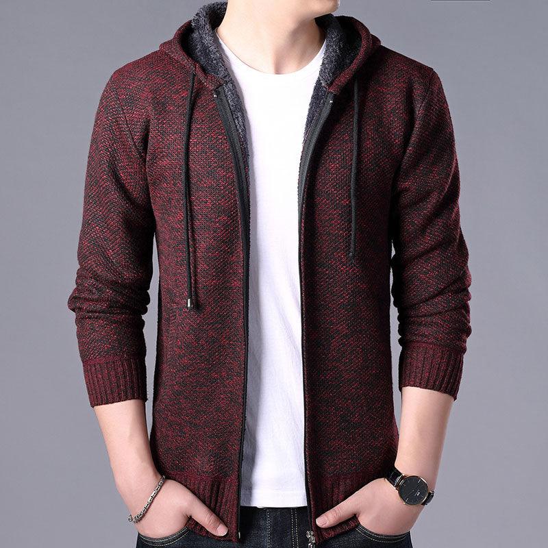 Men's Autumn Winter Fleece Hooded Jacket Slim Fit Casual Warm Coat