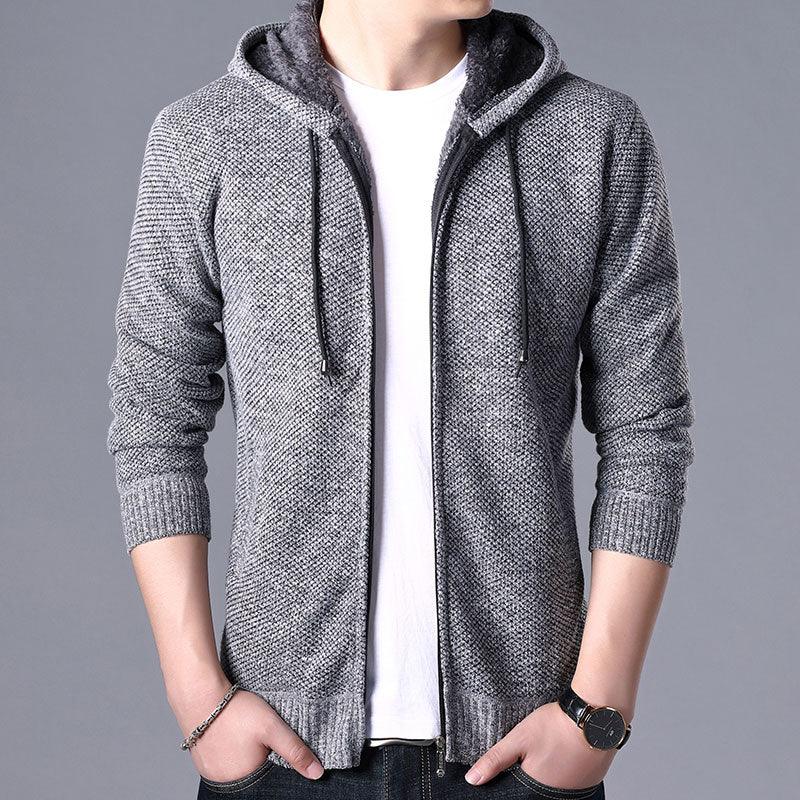 Men's Autumn Winter Fleece Hooded Jacket Slim Fit Casual Warm Coat
