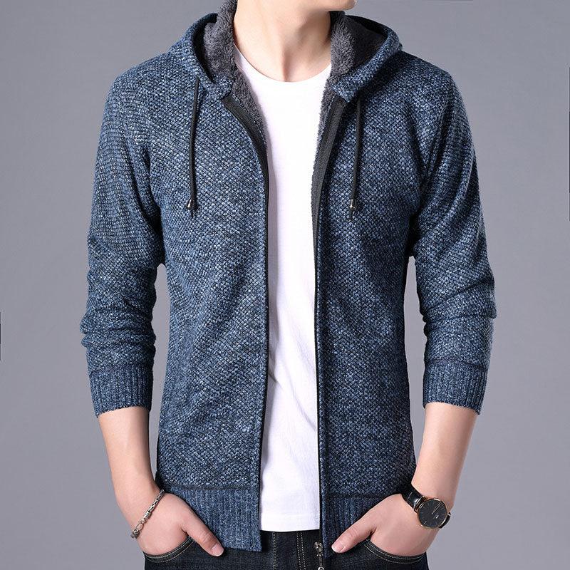 Men's Autumn Winter Fleece Hooded Jacket Slim Fit Casual Warm Coat