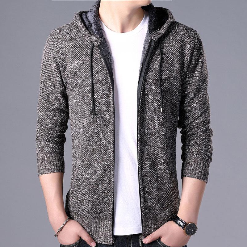 Men's Autumn Winter Fleece Hooded Jacket Slim Fit Casual Warm Coat